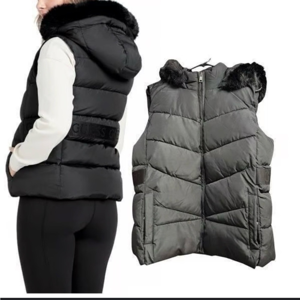 Guess Black Quilted Vest with Faux Fur Trim